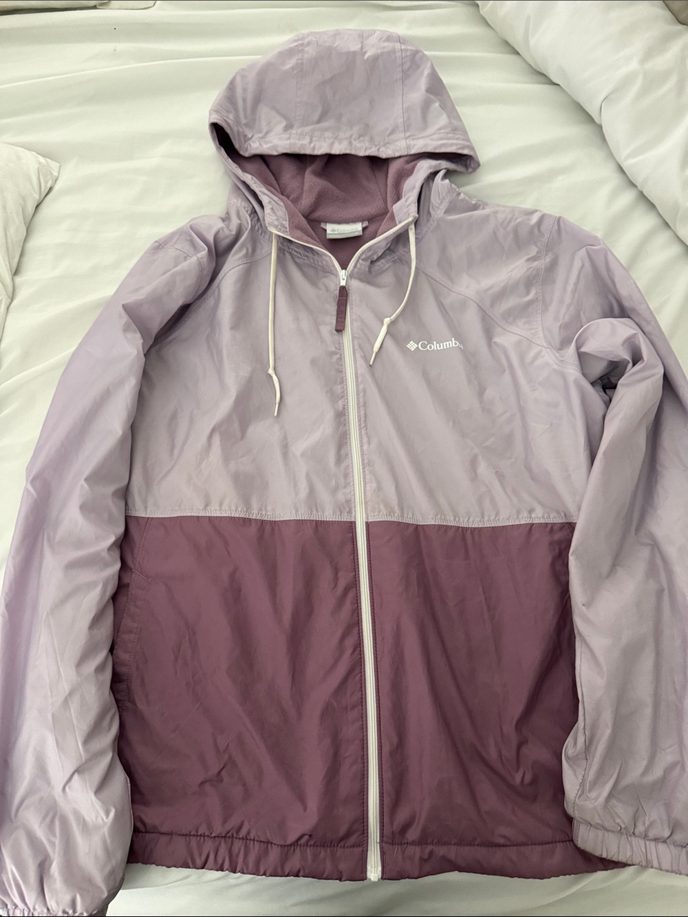 Columbia Two-Tone Light Lavender & Plum Hooded Windbreaker With Fleece Lining